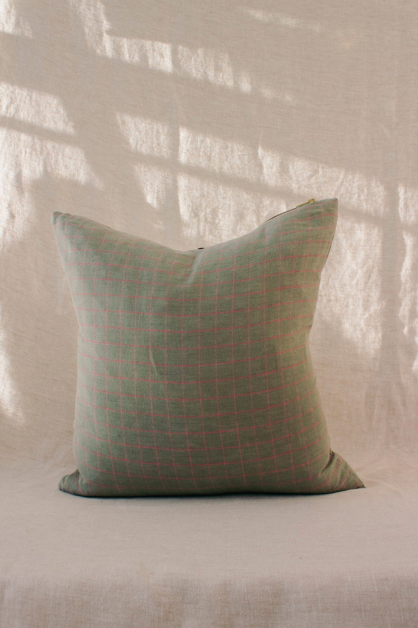 Linen Grid Check Cushion | Sage