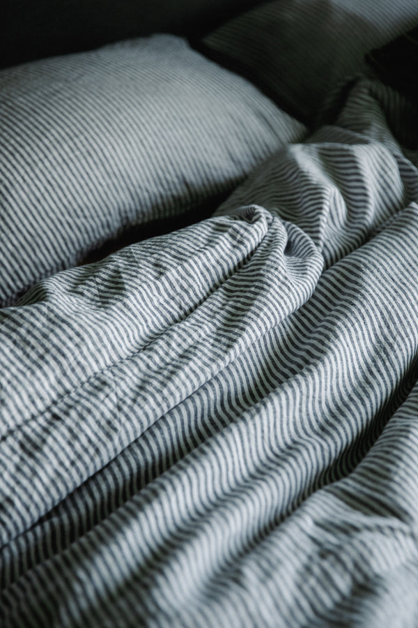 100% Linen Duvet Cover Set - Black and White Stripe