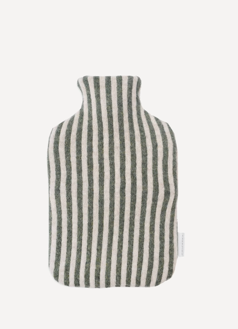 Chickpea lambswool hot water bottle cover in a green and white stripe british made