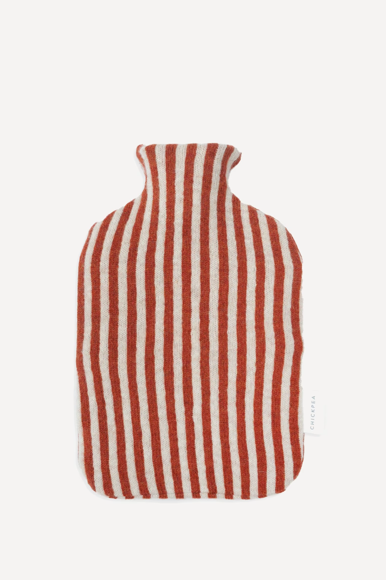 Chickpea lambswool hot water bottle cover in a red and white stripe british made