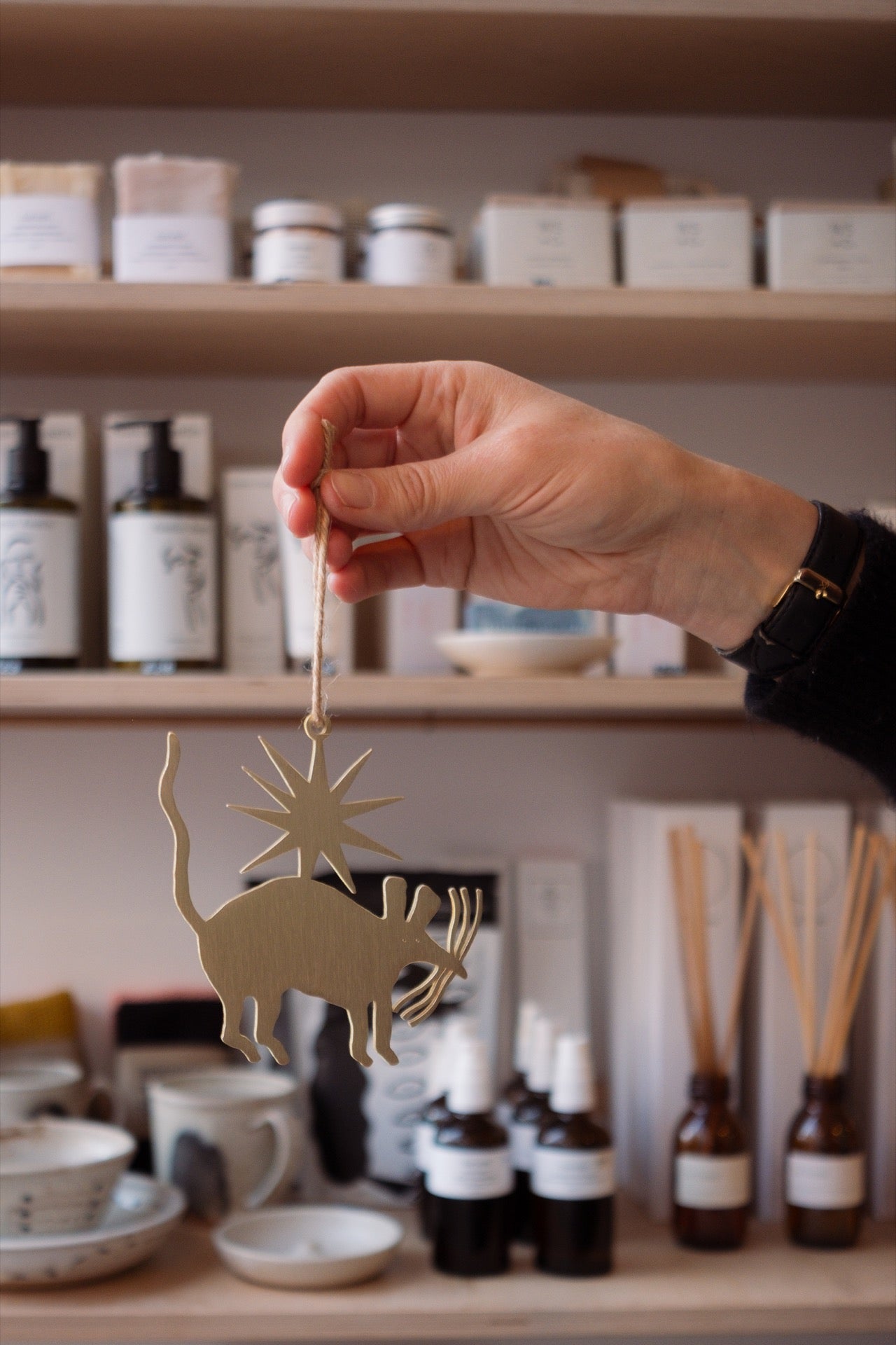 Hand holding a gold mouse ornament with shelves and products in the background