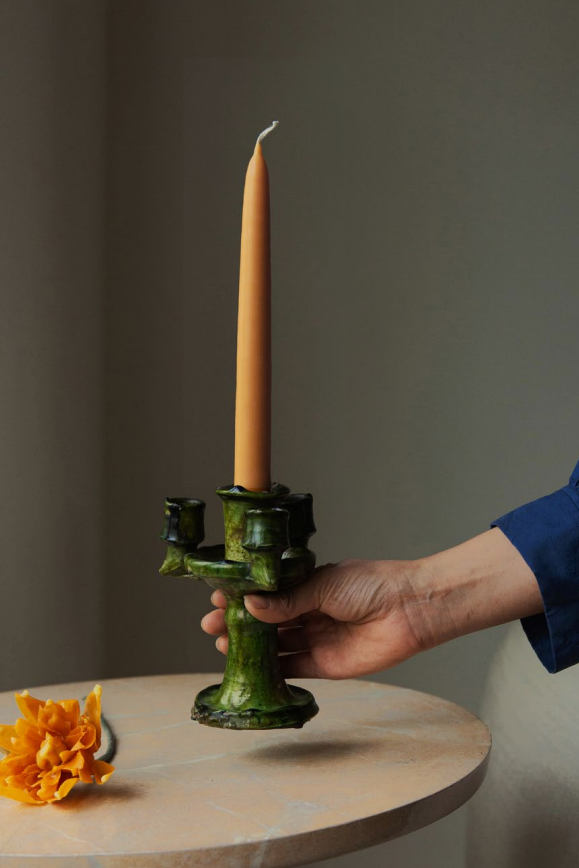 Candle on table photograph detail, natural yellow, made from beeswax, Ondine Ash