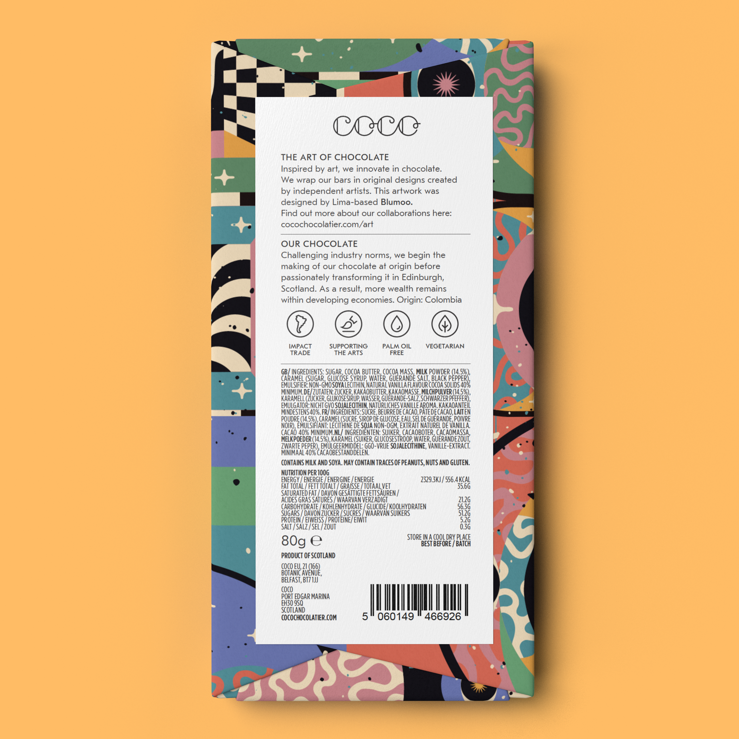 Colorful chocolate bar packaging with abstract patterns on a yellow background